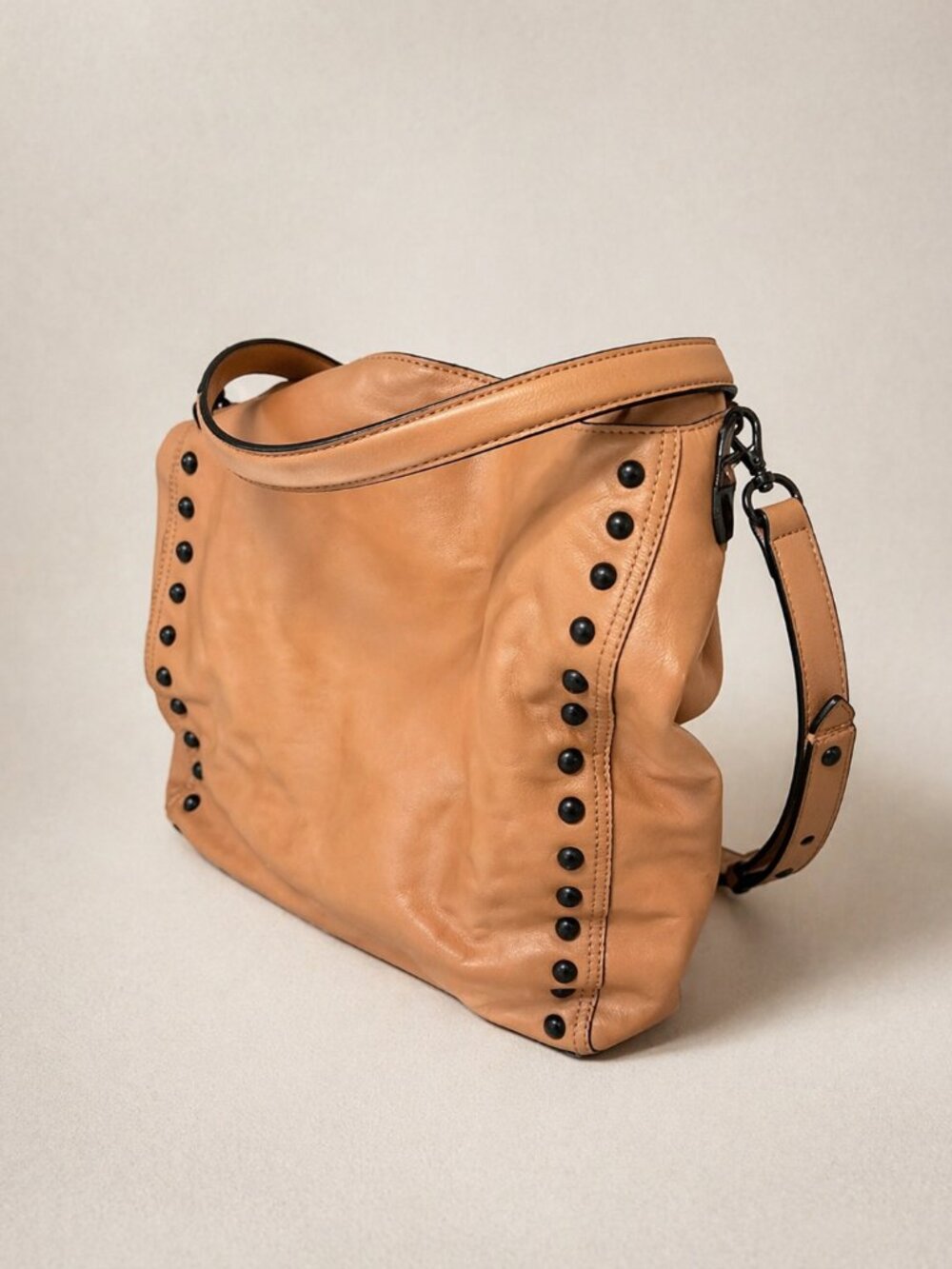 Loeffler Randall Tan Leather Studded Hobo Bag Convertible Shoulder Crossbody
